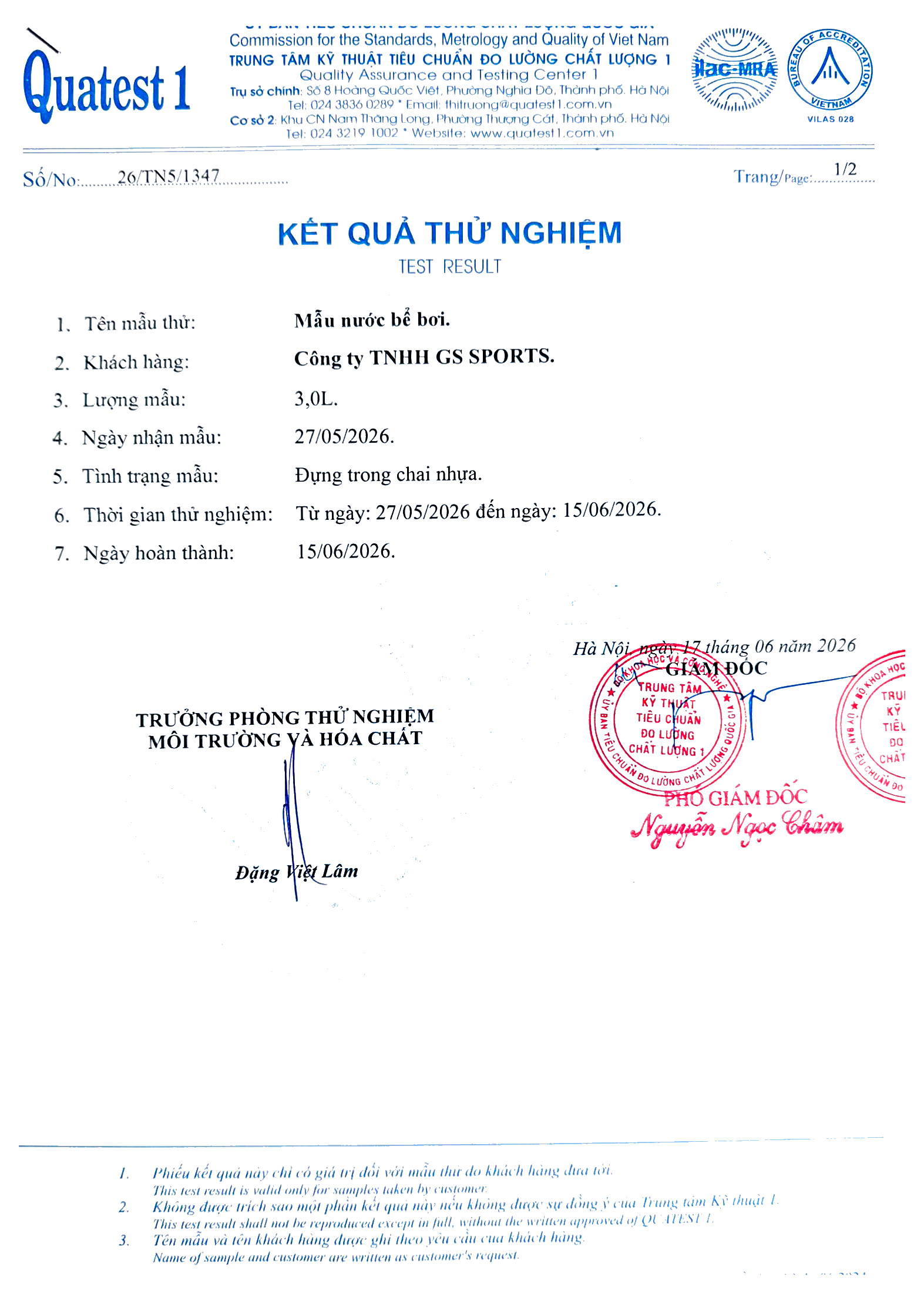 KẾT QUẢ THỬ NGHIỆM MẪU NƯỚC BỂ BƠI THÁNG 6 TẠI SUN FITNESS & POOL 2 bb01