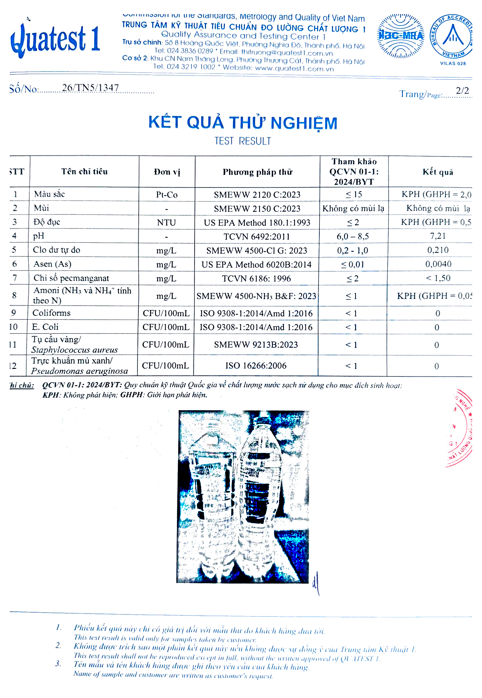 KẾT QUẢ THỬ NGHIỆM MẪU NƯỚC BỂ BƠI THÁNG 6 TẠI SUN FITNESS & POOL 3 bb02